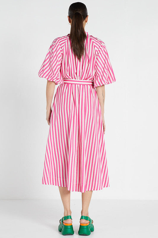 Pleated Neck Midi Dress | Pink/White Stripe