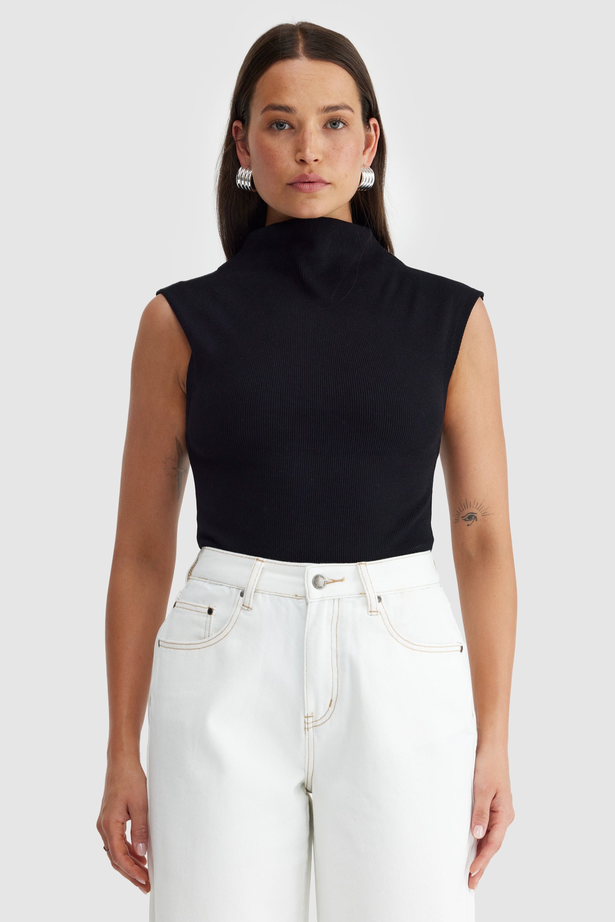 Liv High Neck Rib Top | Black