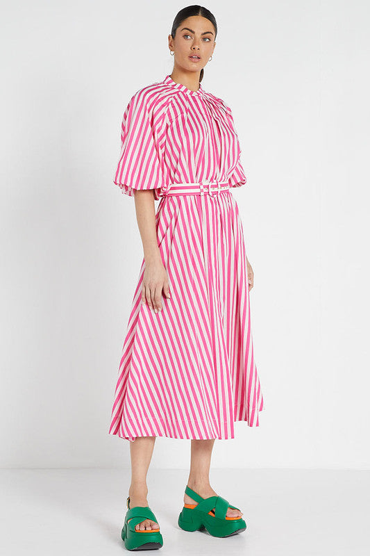 Pleated Neck Midi Dress | Pink/White Stripe